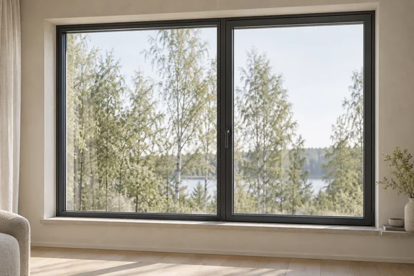 Illustration av ett aluminiumfönster med mörka profiler