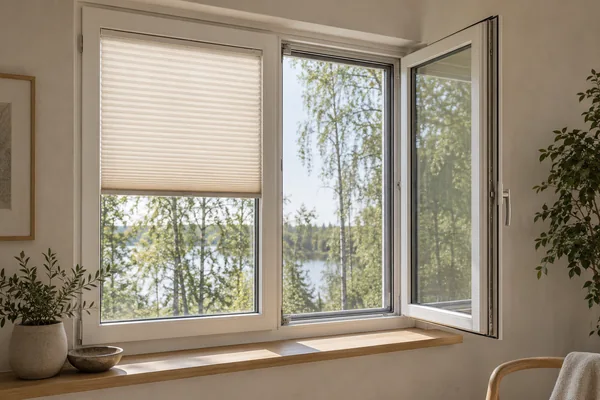 Illustration av fönster med plisségardin och insektsnät
