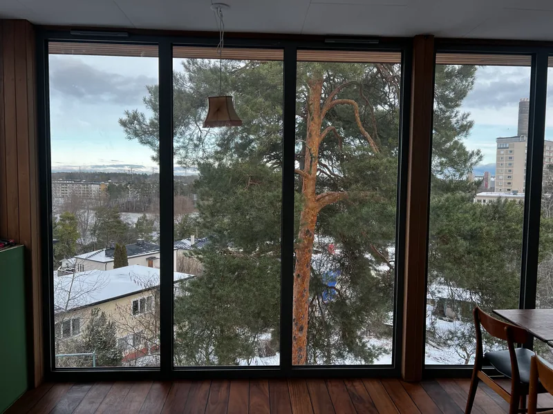 Höga glaspartier med mörka ramar och utsikt över träd